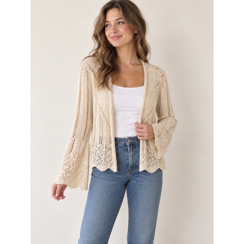 LC Lauren Conrad Womens Cream Pointelle Knit Open Front Bell Sleeve Cardigan M